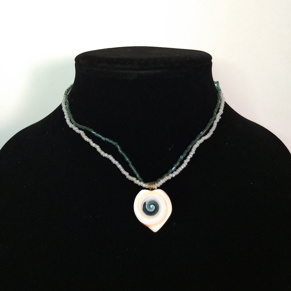 Seed Bead Flat Swirl Pendant Necklace White Blue Beach Coastal Vacation Summer